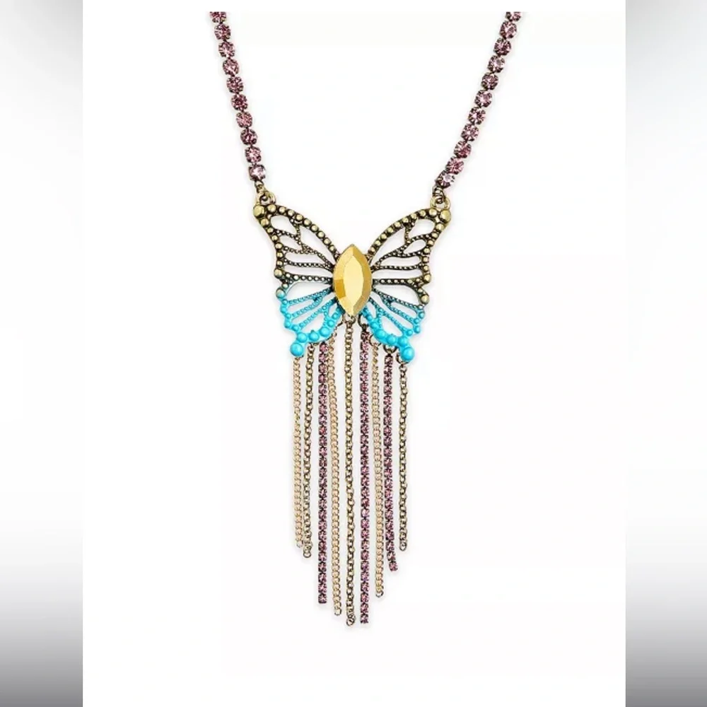 NWT Betsey Johnson Faux Stone Boho Butterfly Fringe Pendant Necklace - Picture 2 of 9